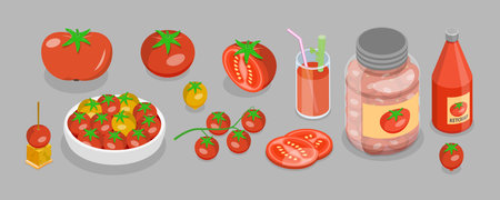 3D Isometric Flat Vector Set of Tomato Elemets and Products, Whole, Half and Sliceのイラスト素材