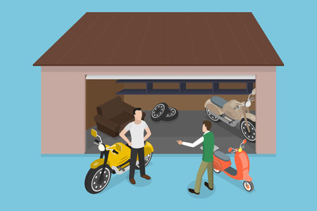 3D Isometric Flat Vector Conceptual Illustration of Motorcycle Repair and Maintenance, Service Stationのイラスト素材