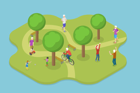 3D Isometric Flat Vector Conceptual Illustration of Elderly Activity, Seniors Exercising, Jogging and Hikingのイラスト素材