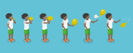 3D Isometric Flat Vector Conceptual Illustration of Balloon Inflation, Kid Blowing Air to a Balloon and Let it Out in the Airのイラスト素材