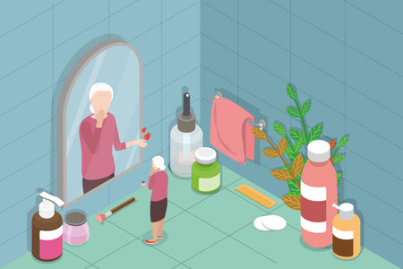 3D Isometric Flat Vector Conceptual Illustration of Elderly Skin Care, Senior Woman Applying Cosmetic Cream on Faceのイラスト素材