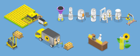 3D Isometric Flat Vector Conceptual Illustration of Vegetable Oil Production, Sunflower Processing Plantのイラスト素材