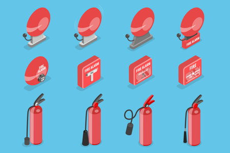 3D Isometric Flat Vector Set of Fire Alarm Equipment, Prevention, Emergencyのイラスト素材