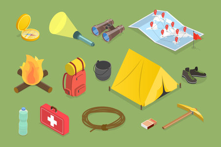 3D Isometric Flat Vector Set of Camping Equipments, Base Camp Gear and Accessoriesのイラスト素材