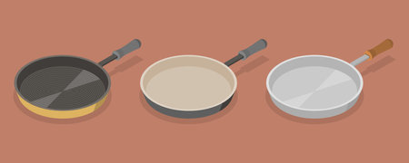 3D Isometric Flat Vector Set of Frying Pans, Kitchen Items For Cookingのイラスト素材