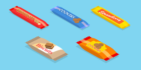 3D Isometric Flat Vector Set of Snack Packages, Chocolate and Biscuitのイラスト素材