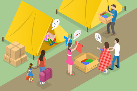 3D Isometric Flat Vector Conceptual Illustration of Refugee Camp , Volunteering and Social Servicesのイラスト素材
