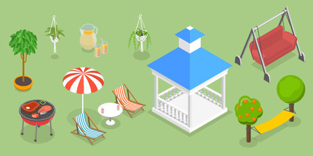 3D Isometric Flat Vector Set of Garden Furniture, Backyard Elementsのイラスト素材