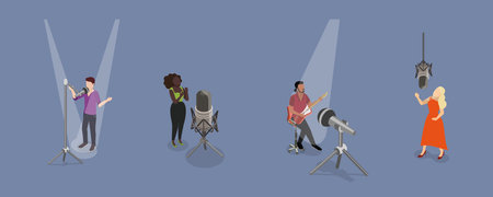 3D Isometric Flat Vector Set of Talented Singers, Creative Hobby, Vocal Recreationのイラスト素材