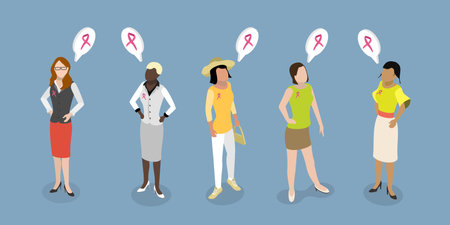 3D Isometric Flat Vector Conceptual Illustration of Women with Pink Support Ribbons, Health Care and Medical Infoのイラスト素材