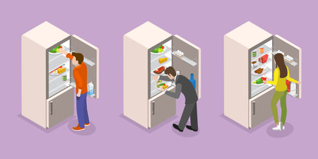 3D Isometric Flat Vector Set of Food In Fridge, People are Check Refrigeratorのイラスト素材