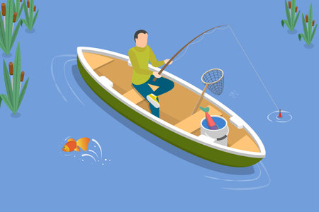 3D Isometric Flat Vector Conceptual Illustration of Fishing From Boat, Summer Vacation Timeのイラスト素材
