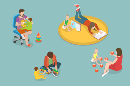 3D Isometric Flat Vector Conceptual Illustration of Playing With Kids , Parents and Their Children are Having Good Timeのイラスト素材