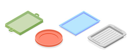 3D Isometric Flat Vector Set of Empty Serving Trays, Using in Restaurants and Domestic Kitchenのイラスト素材
