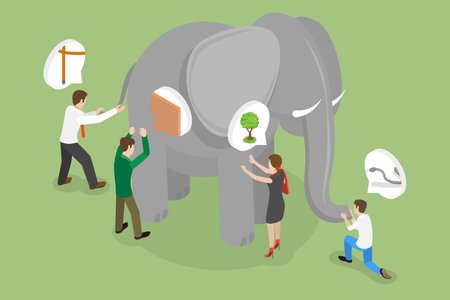 3D Isometric Flat Vector Conceptual Illustration of Different Viewpoints, Blind People are Touching an Elephantのイラスト素材