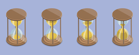 3D Isometric Flat Vector Set of Hourglasses, Falling Sand Particles in Transparent Flasks