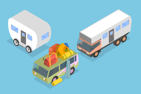 3D Isometric Flat Vector Set of Caravan Trailers, Recreational Vehicle, Wagon Carのイラスト素材
