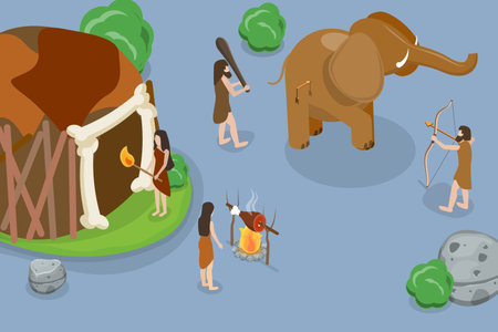 3D Isometric Flat Vector Conceptual Illustration of Stone Age, Barbarian Ancient Cavemanのイラスト素材