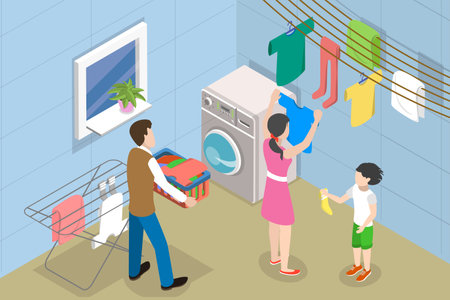 3D Isometric Flat Vector Conceptual Illustration of Family Laundry Day, Domestic Choresのイラスト素材