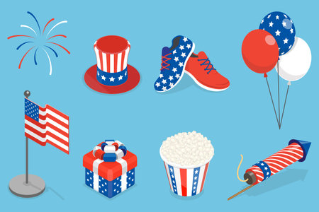 3D Isometric Flat Vector Set of United Stated Independence Design Items, USA Celebrationのイラスト素材