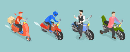 3D Isometric Flat Vector Set of Motorcycles, Modern City Transportのイラスト素材