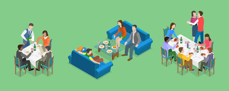 3D Isometric Flat Vector Conceptual Illustration of Friends Dinner, People are Eating and Talkingのイラスト素材