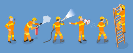 3D Isometric Flat Vector Set of Firefighter Characters, Emergency Rescueのイラスト素材