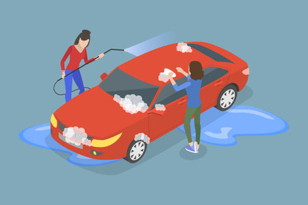 3D Isometric Flat Vector Conceptual Illustration of Carwash Service, Vehicle Cleaning Stationのイラスト素材