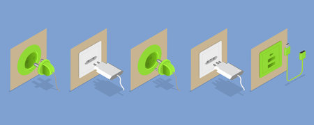 3D Isometric Flat Vector Set of Electric Sockets And Plugs, Energy Outletのイラスト素材