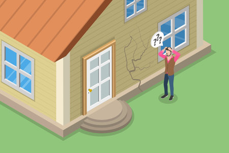 3D Isometric Flat Vector Conceptual Illustration of Crack In The Wall, Old House in a Poor Conditionのイラスト素材