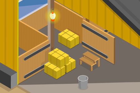 3D Isometric Flat Vector Conceptual Illustration of Empty Hors Barn, Horse Stabling Buildingのイラスト素材