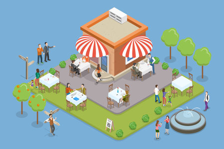 3D Isometric Flat Vector Conceptual Illustration of Street Cafe, Restaurant Terraceのイラスト素材