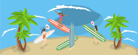 3D Isometric Flat Vector Conceptual Illustration of Surfer Girls, Surfboards on the Beach with Palm Treesのイラスト素材