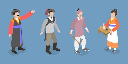 3D Isometric Flat Vector Set of Traditional Korean Characters, Costumes of the Old Nationのイラスト素材