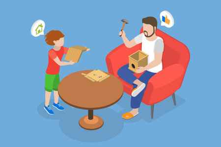 3D Isometric Flat Vector Conceptual Illustration of Bird Booth, Father and Son Spending Time Togetherのイラスト素材