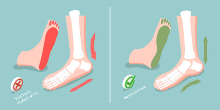 3D Isometric Flat Vector Conceptual Illustration of Flat Foot, Difference Between Sick and Healthy Feetのイラスト素材