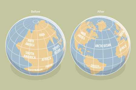 3D Isometric Flat Vector Conceptual Illustration of Continental Drift, Planet Earth Before and Afterのイラスト素材