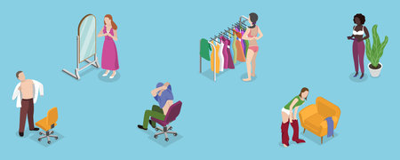 3D Isometric Flat Vector Set of Undressing People, Taking off Clothesのイラスト素材