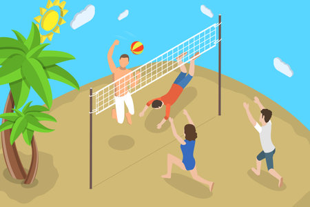 3D Isometric Flat Vector Conceptual Illustration of Beach Volleyball, Outdoor Summer Activitiesのイラスト素材