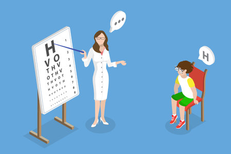 3D Isometric Flat Vector Conceptual Illustration of Kids Myopia, Eyes Examination or Checkupのイラスト素材