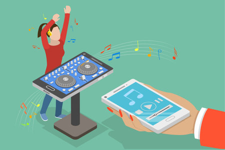 3D Isometric Flat Vector Conceptual Illustration of Girl dj with Mixer Console, Enjoying Musicのイラスト素材