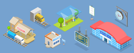 3D Isometric Flat Vector Set of Railway Station Elements, Train, Platform, Schedule Display, Clockのイラスト素材