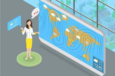 3D Isometric Flat Vector Conceptual Illustration of Weather Forecast, Meteorology Reporter on the Televisionのイラスト素材