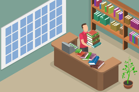 3D Isometric Flat Vector Conceptual Illustration of Bookstore or Libriary, Shelves and Booksのイラスト素材