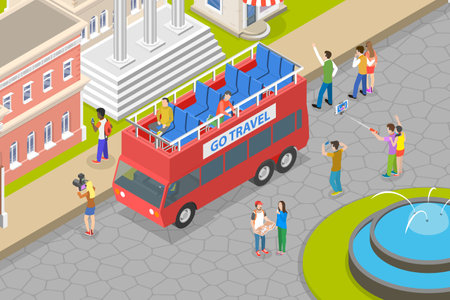 3D Isometric Flat Vector Conceptual Illustration of Tourist Bus, Red Double Deckerのイラスト素材