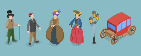 3D Isometric Flat Vector Set of Victorian Period Characters and Objects, 19th Century European Ladies and Gentlemenのイラスト素材