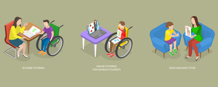 3D Isometric Flat Vector Conceptual Illustration of Special Teaching, Tutoring for Dsabled Studentsのイラスト素材