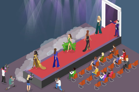 3D Isometric Flat Vector Conceptual Illustration of Fashion Show, Runway Stage with Walking Modelsのイラスト素材