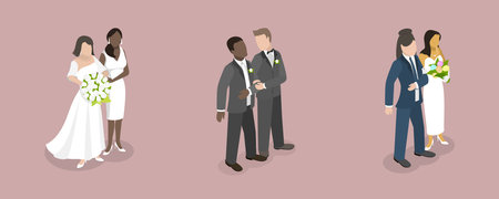 3D Isometric Flat Vector Conceptual Illustration of LGBTQ Marriage, Homosexual Non-traditional Familiesのイラスト素材