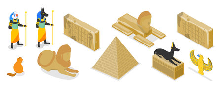3D Isometric Flat Vector Set of Egypt Symbols, Old Civilization Archaeology Artifactsのイラスト素材